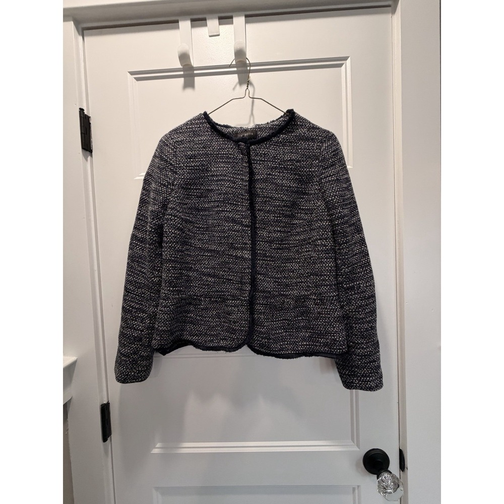 Talbots Jacket‎ Womens 2 Blue White Tweed Collarless Open Blazer Pockets Office